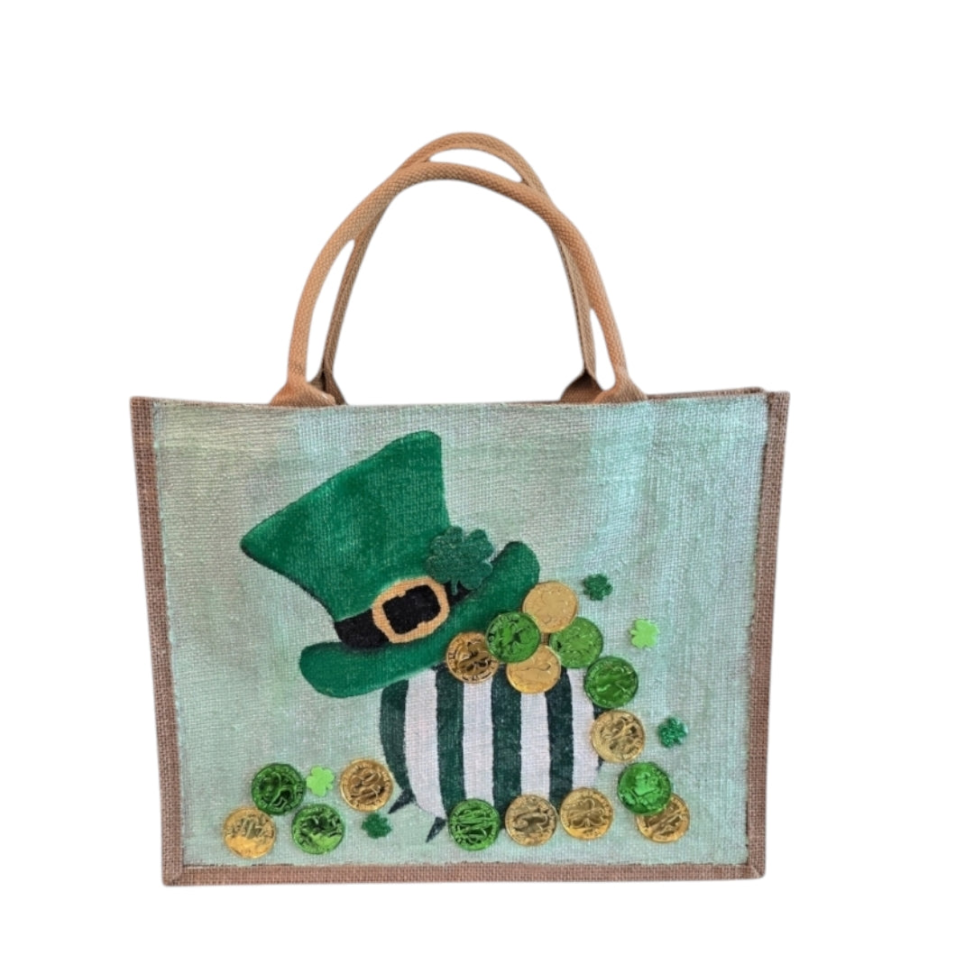 Spring-Holiday-Tote, Leprechaun-Hat-&-Coins-Hand-Painted-Bag, Unique-Artistic-Design