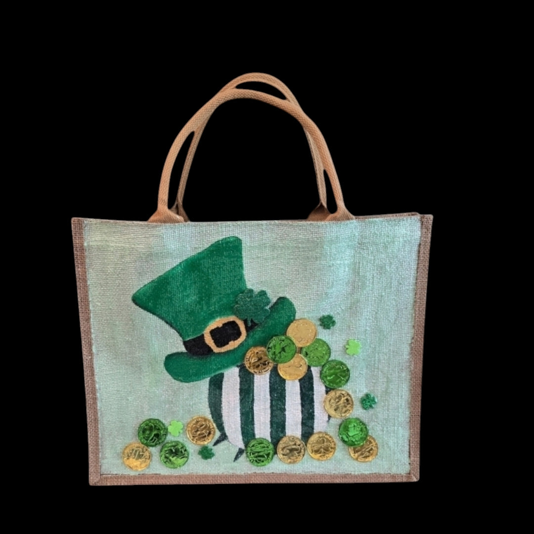 Spring-Holiday-Tote, Leprechaun-Hat-&-Coins-Hand-Painted-Bag, Unique-Artistic-Design