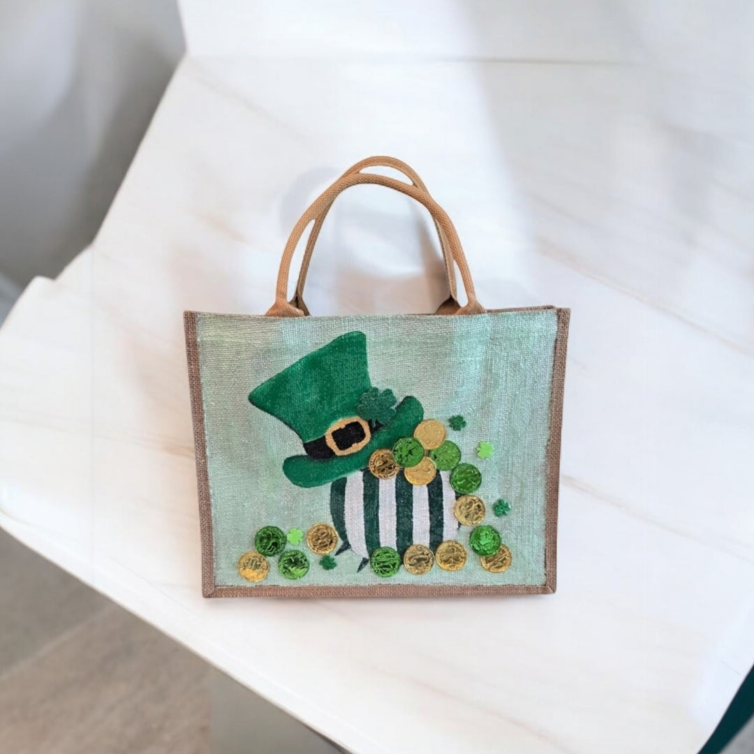Spring-Holiday-Tote, Leprechaun-Hat-&-Coins-Hand-Painted-Bag, Unique-Artistic-Design