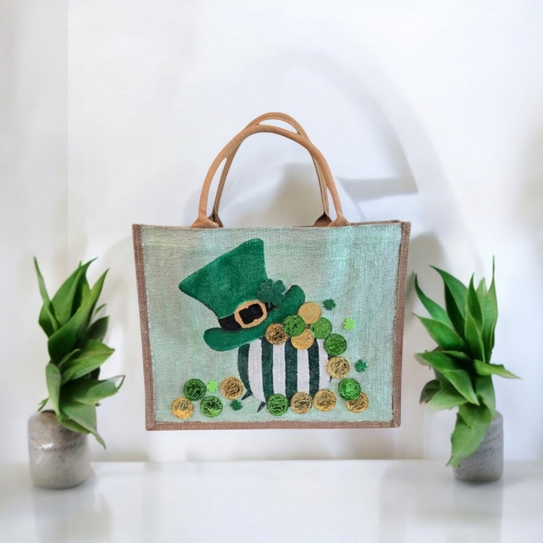 Spring-Holiday-Tote, Leprechaun-Hat-&-Coins-Hand-Painted-Bag, Unique-Artistic-Design