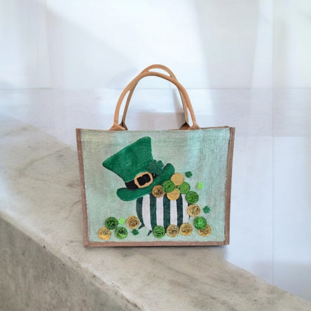 Spring-Holiday-Tote, Leprechaun-Hat-&-Coins-Hand-Painted-Bag, Unique-Artistic-Design
