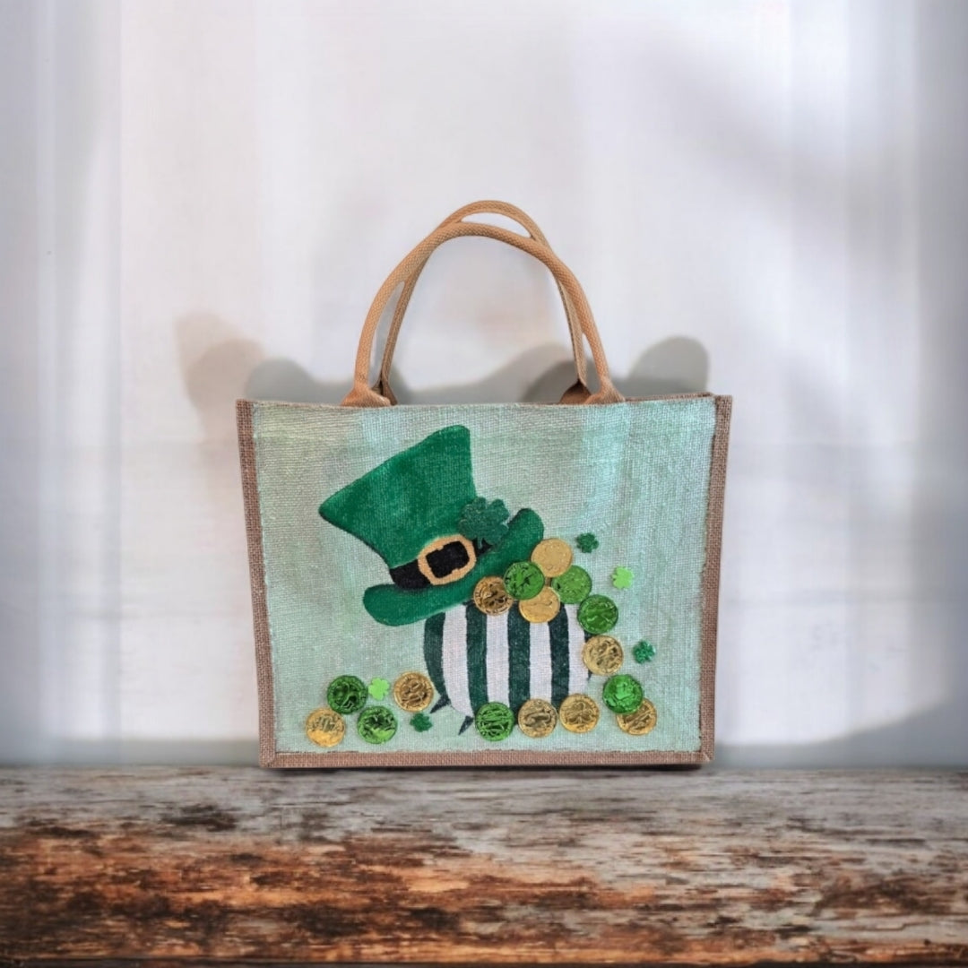 Spring-Holiday-Tote, Leprechaun-Hat-&-Coins-Hand-Painted-Bag, Unique-Artistic-Design