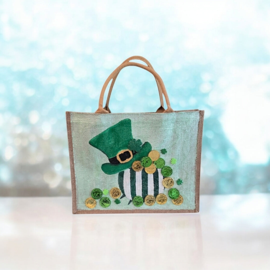 Spring-Holiday-Tote, Leprechaun-Hat-&-Coins-Hand-Painted-Bag, Unique-Artistic-Design