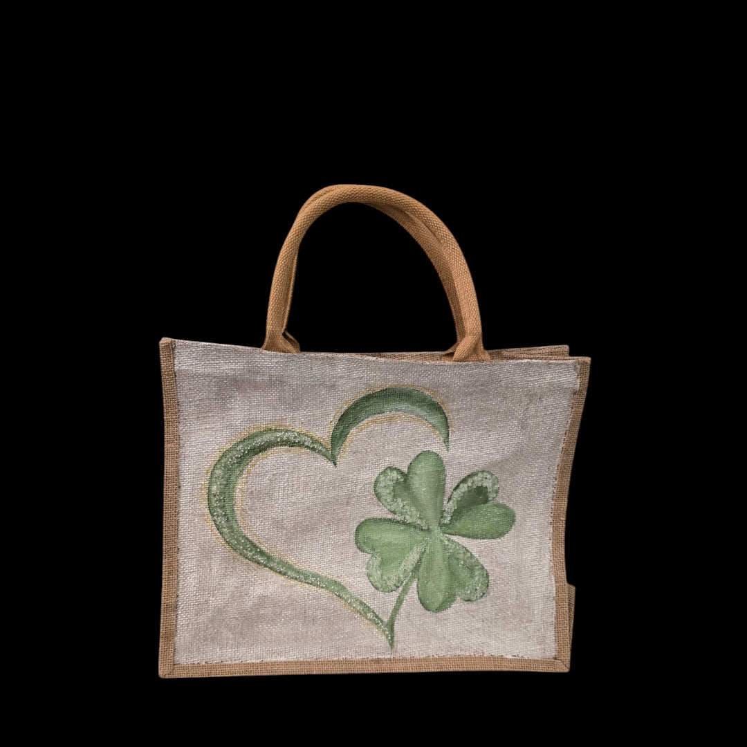 heart and shamrock tote bag, hand painted st patricks tote, beaded off white tote, st patricks gift bag