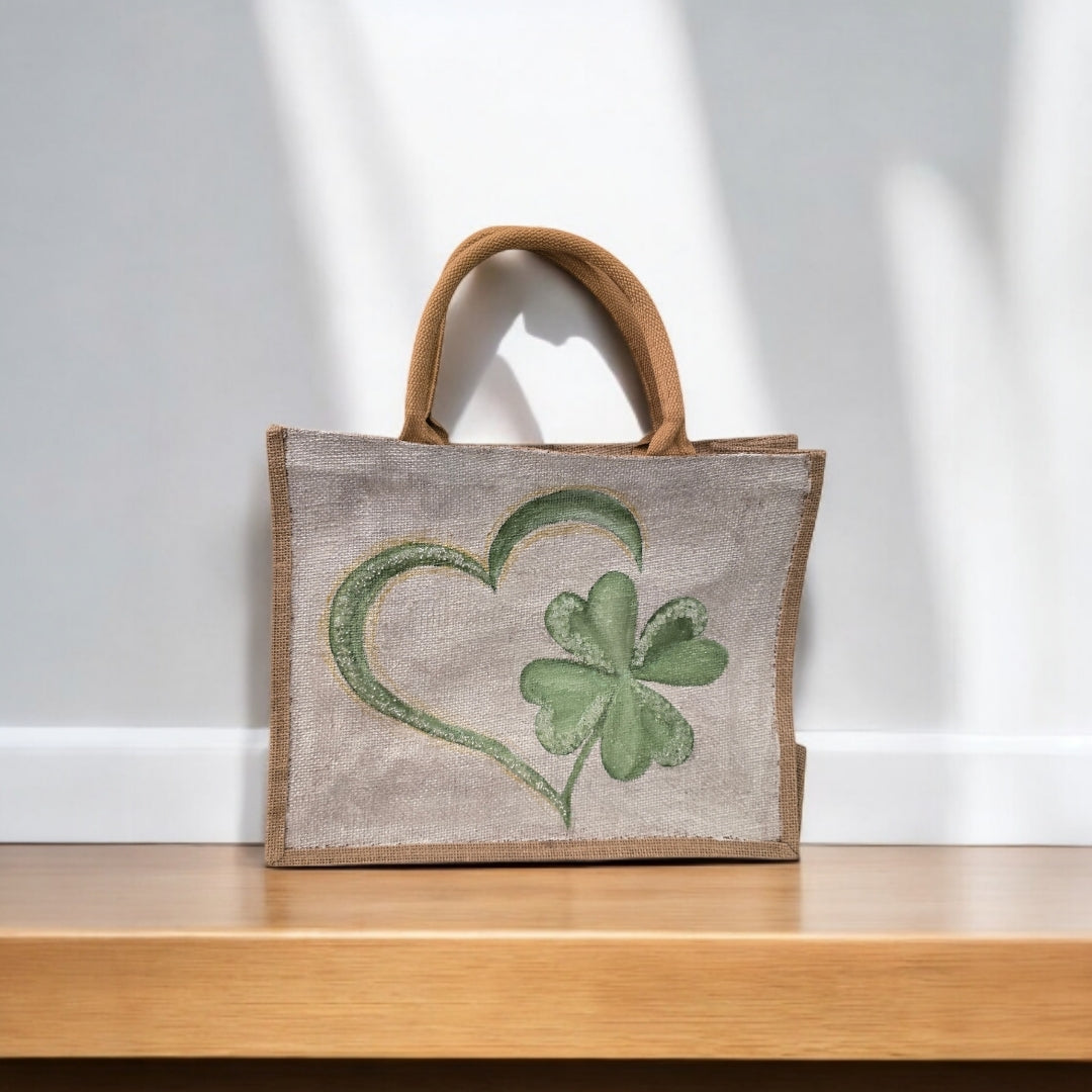heart and shamrock tote bag, hand painted st patricks tote, beaded off white tote, st patricks gift bag
