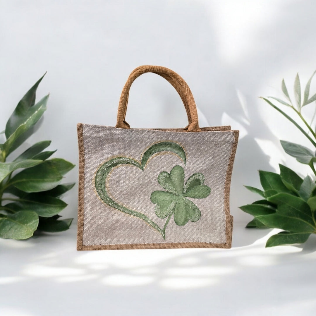 heart and shamrock tote bag, hand painted st patricks tote, beaded off white tote, st patricks gift bag