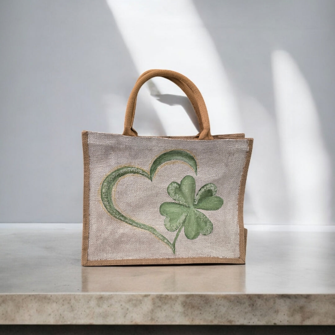 heart and shamrock tote bag, hand painted st patricks tote, beaded off white tote, st patricks gift bag