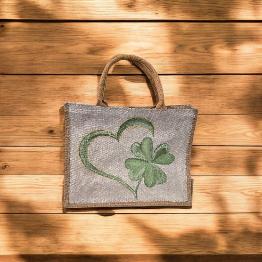 heart and shamrock tote bag, hand painted st patricks tote, beaded off white tote, st patricks gift bag