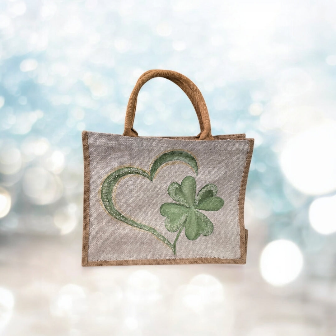 heart and shamrock tote bag, hand painted st patricks tote, beaded off white tote, st patricks gift bag