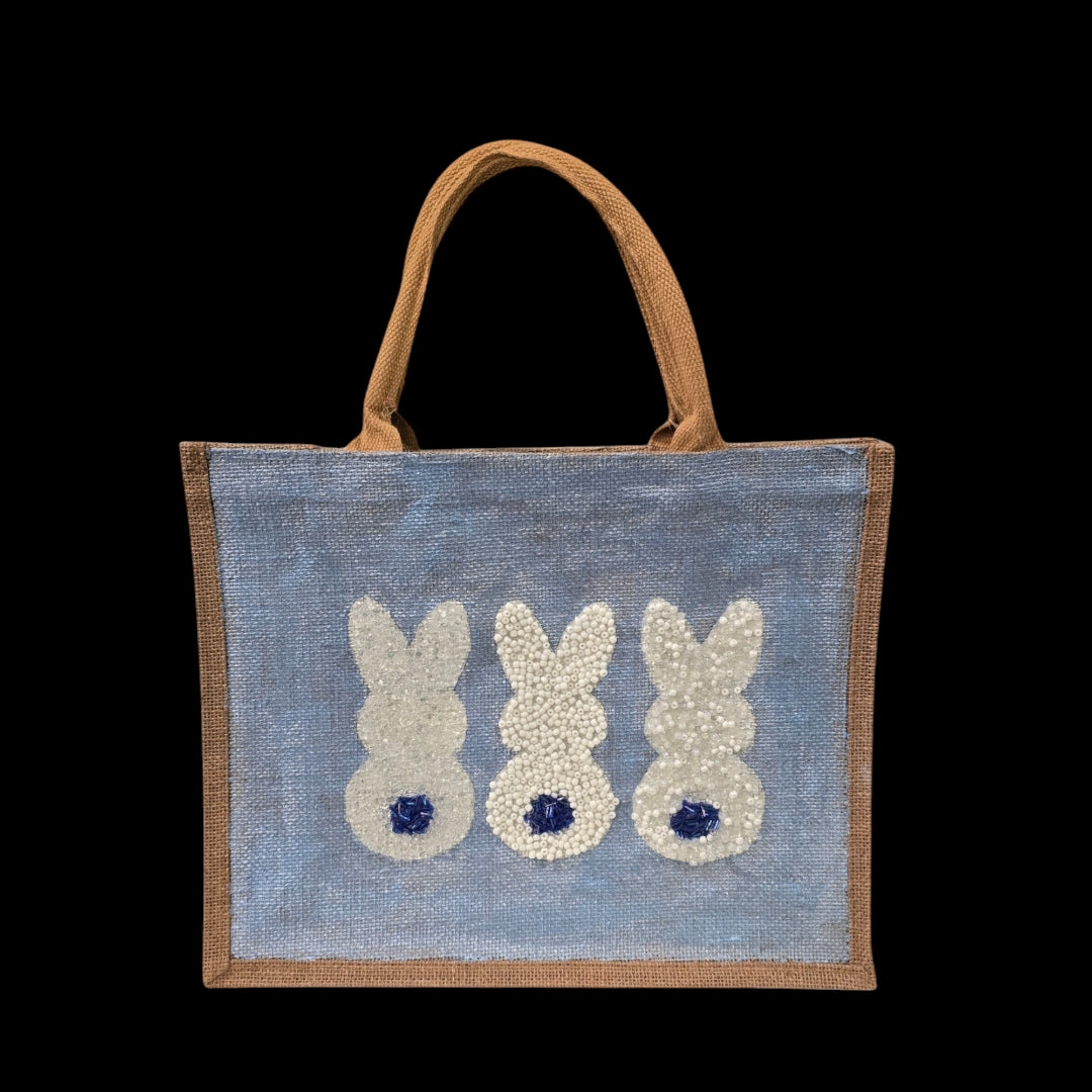 blue bunny easter tote bag, hand painted easter tote, beaded blue bunny bag, bunny market bag