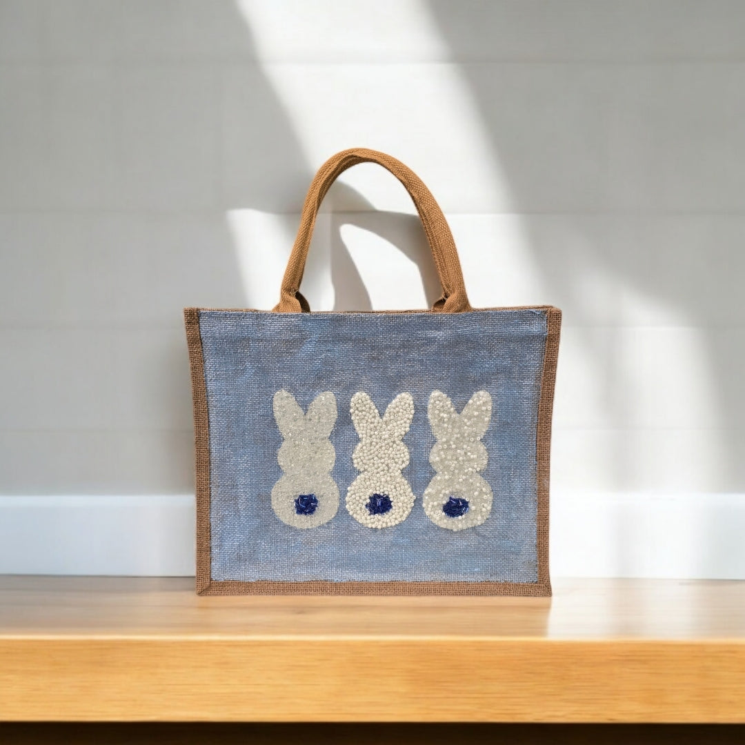 blue bunny easter tote bag, hand painted easter tote, beaded blue bunny bag, bunny market bag