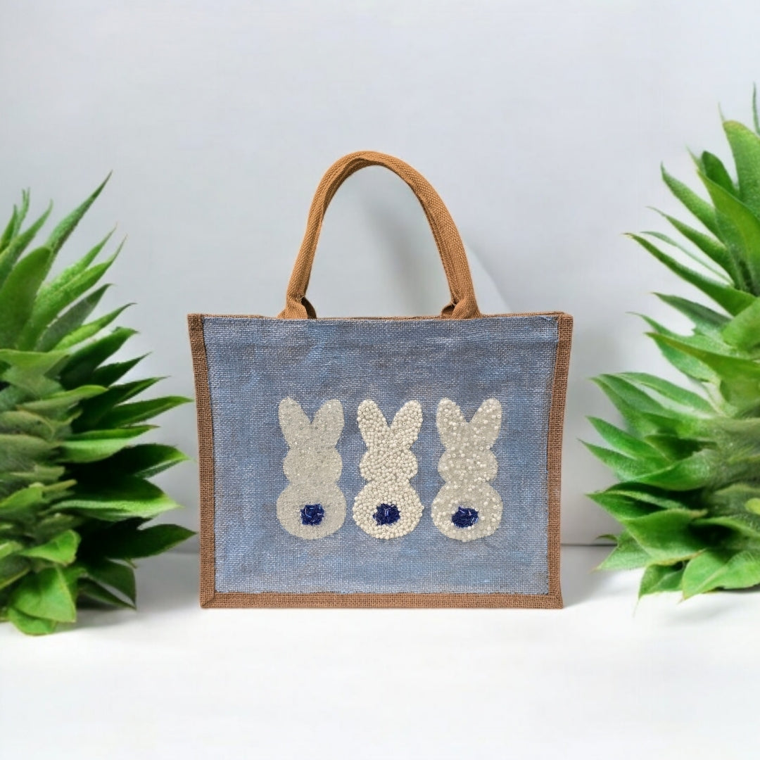 blue bunny easter tote bag, hand painted easter tote, beaded blue bunny bag, bunny market bag