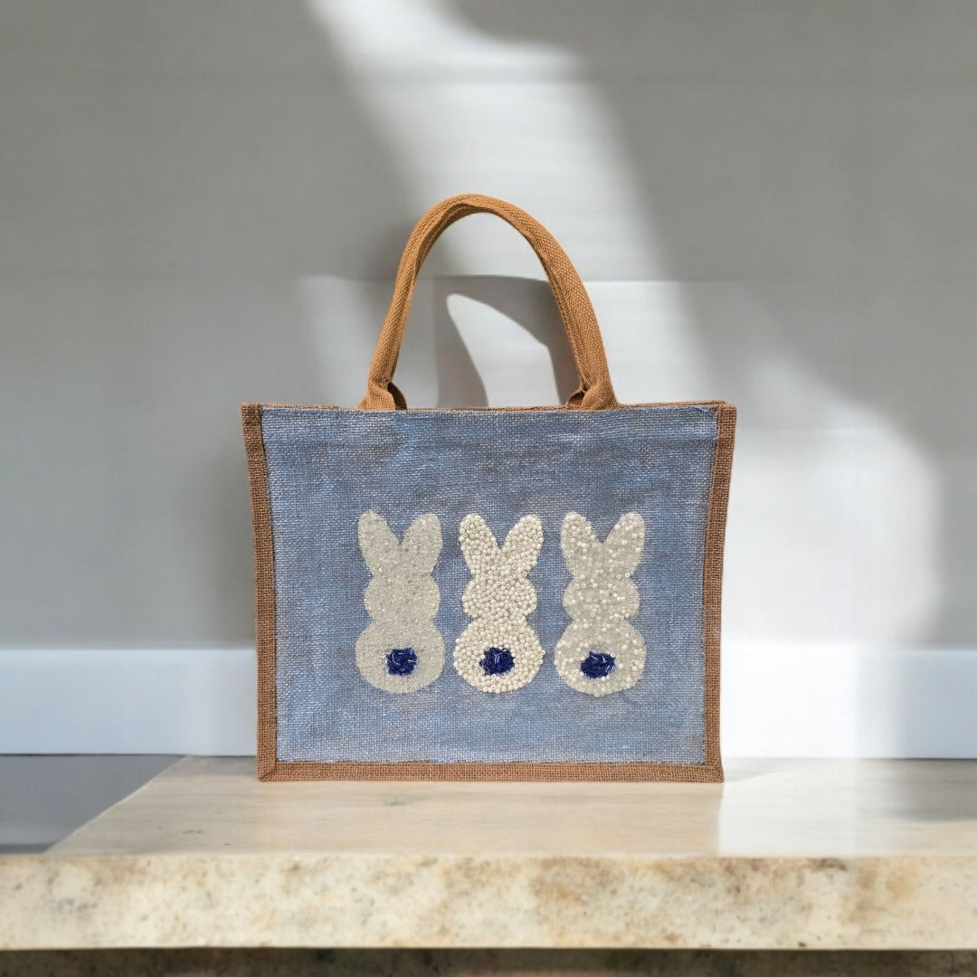 blue bunny easter tote bag, hand painted easter tote, beaded blue bunny bag, bunny market bag