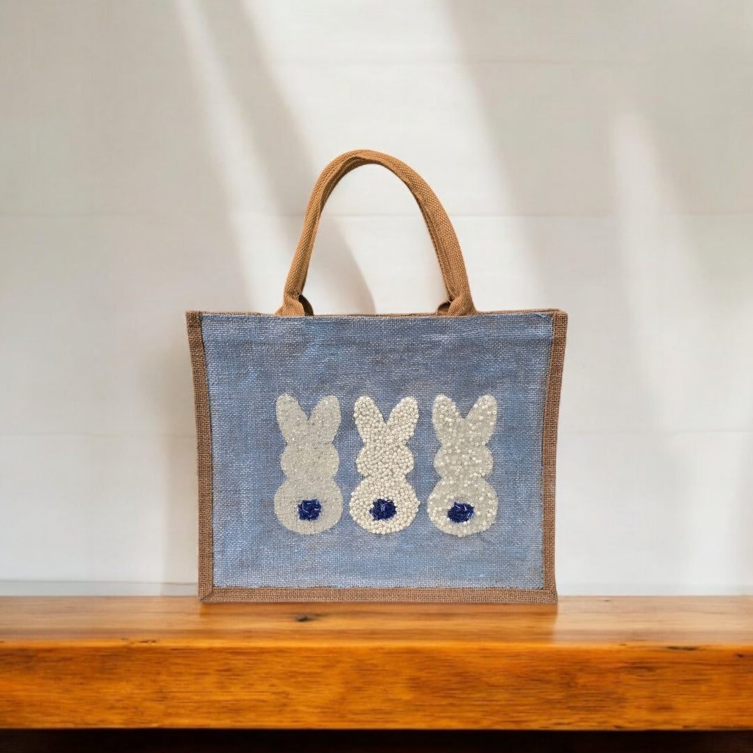 blue bunny easter tote bag, hand painted easter tote, beaded blue bunny bag, bunny market bag