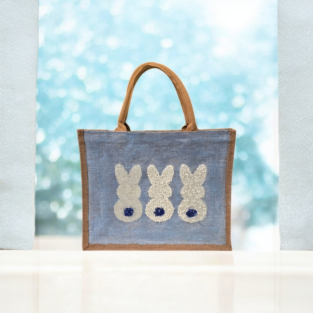 blue bunny easter tote bag, hand painted easter tote, beaded blue bunny bag, bunny market bag