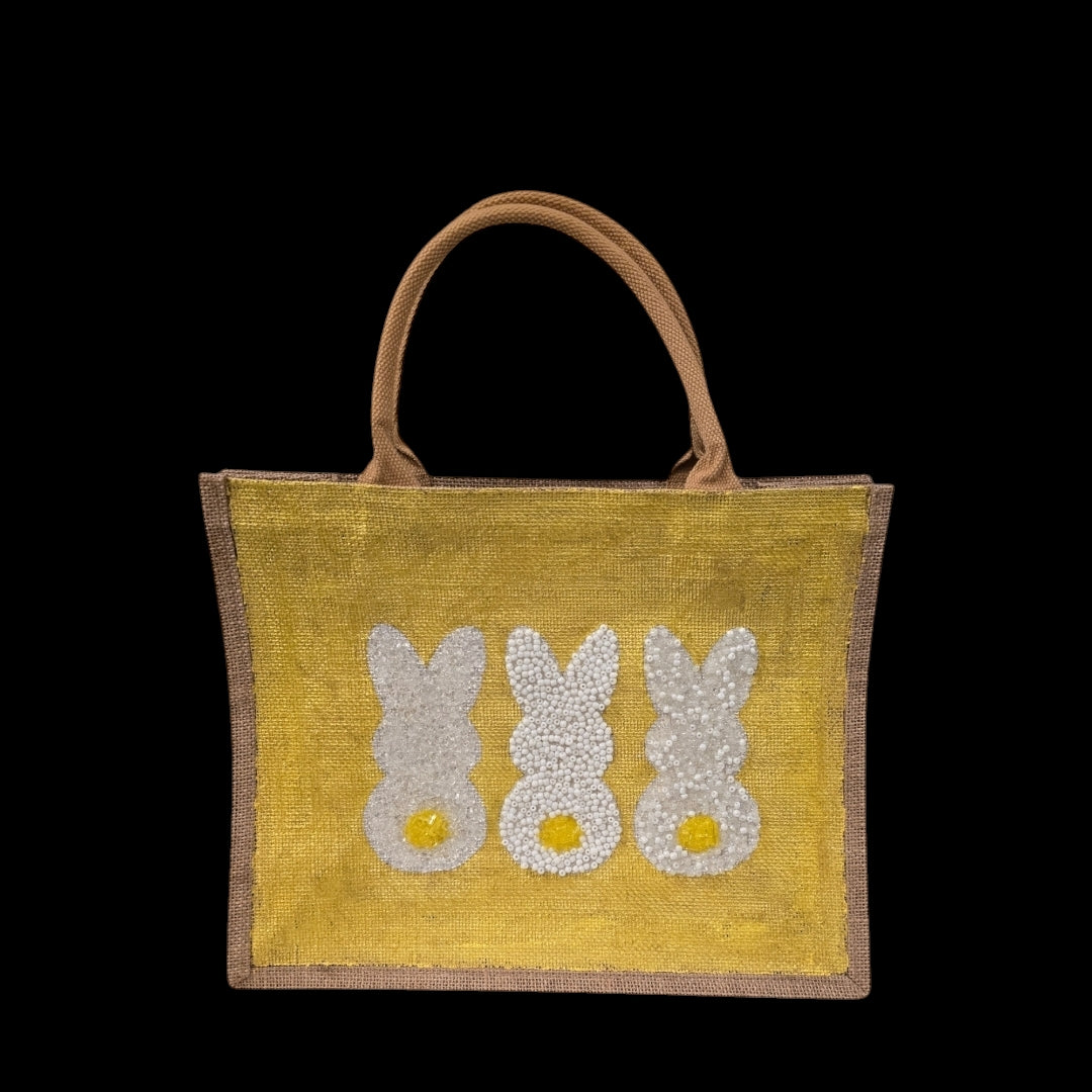 yellow bunny easter tote bag, hand painted easter tote, beaded yellow bunny bag, bunny market bag