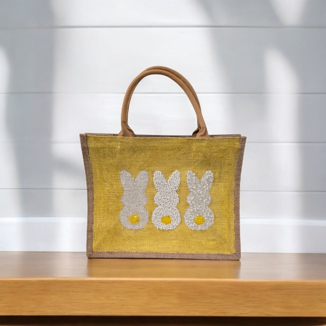 yellow bunny easter tote bag, hand painted easter tote, beaded yellow bunny bag, bunny market bag