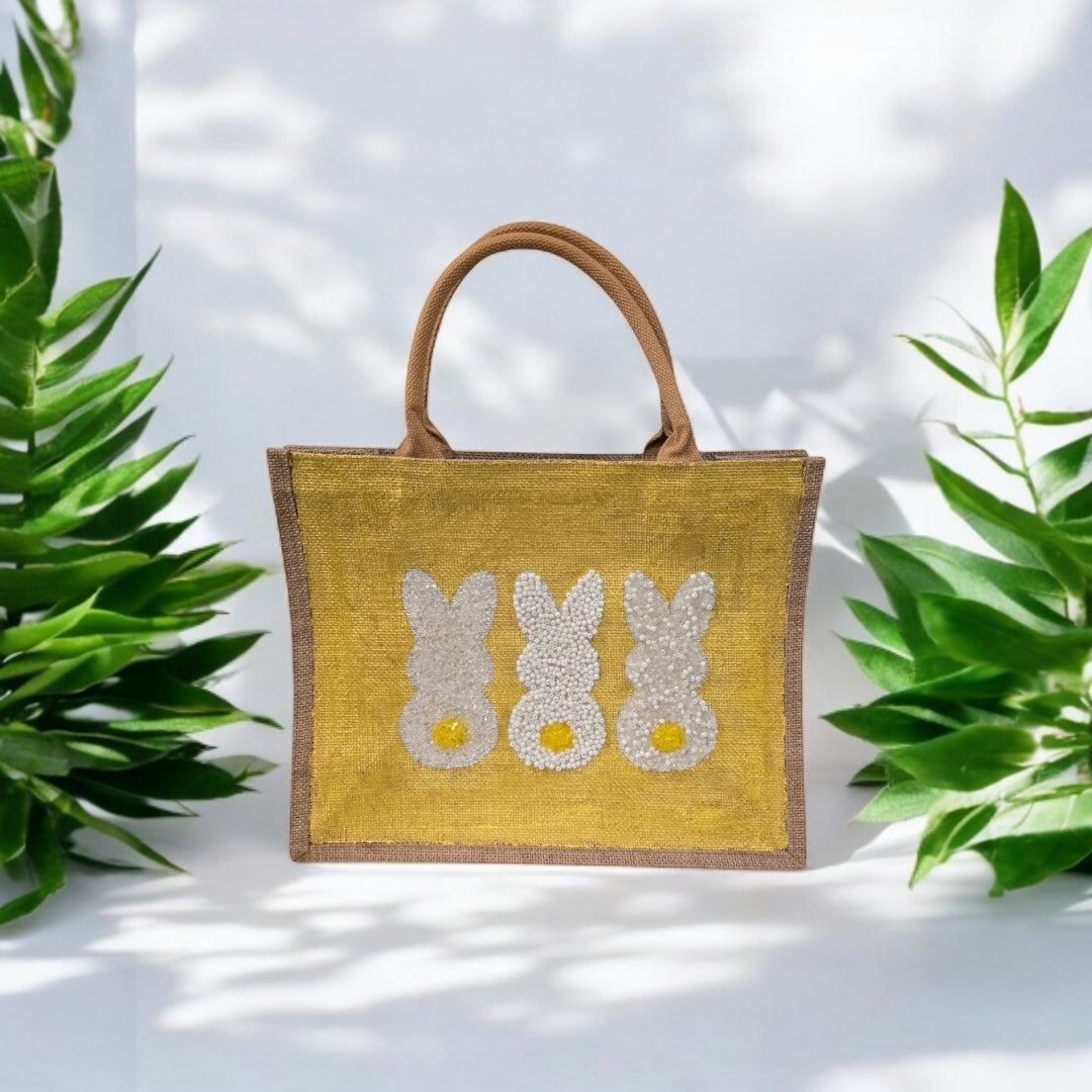 yellow bunny easter tote bag, hand painted easter tote, beaded yellow bunny bag, bunny market bag