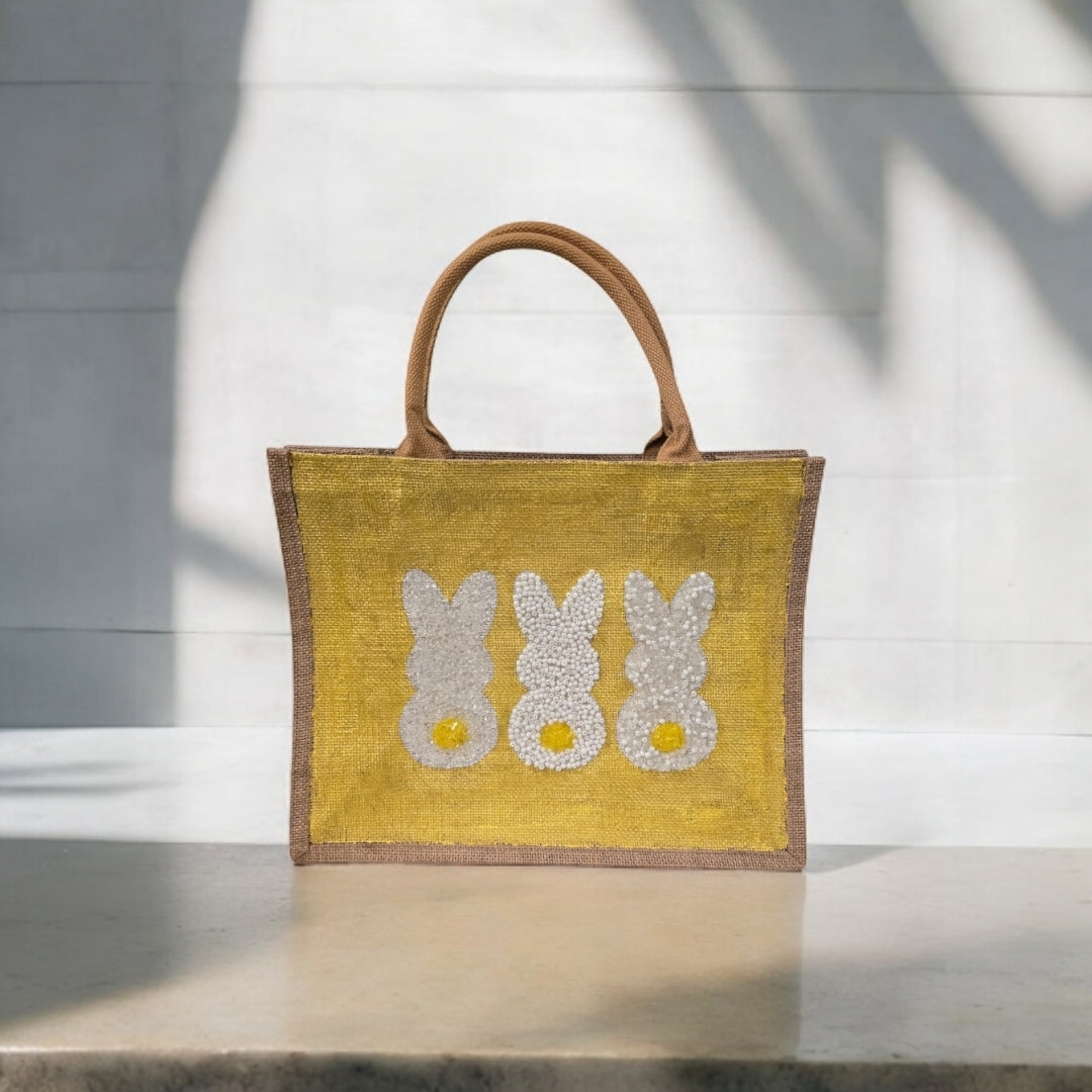yellow bunny easter tote bag, hand painted easter tote, beaded yellow bunny bag, bunny market bag