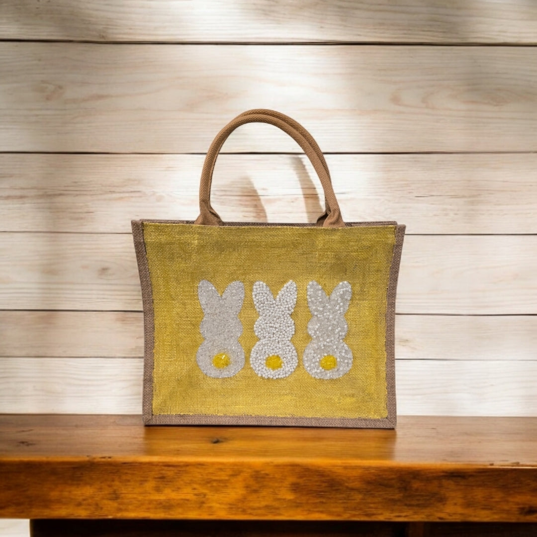 yellow bunny easter tote bag, hand painted easter tote, beaded yellow bunny bag, bunny market bag
