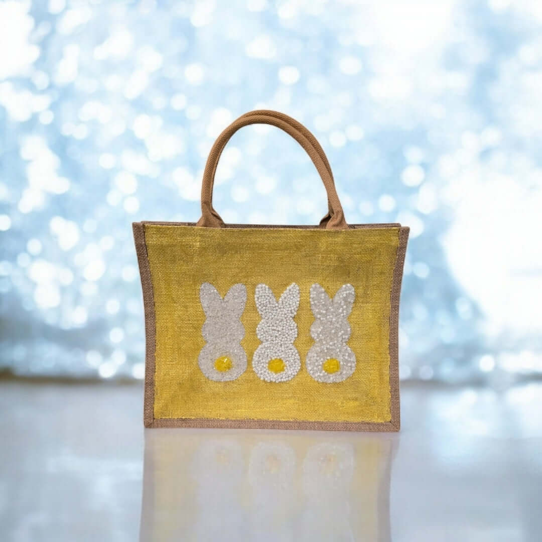 yellow bunny easter tote bag, hand painted easter tote, beaded yellow bunny bag, bunny market bag