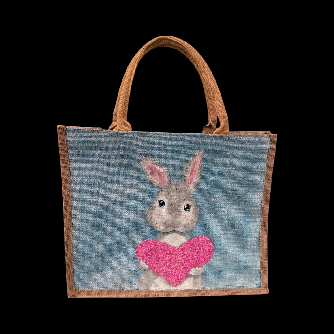 love bunny tote bag, hand painted bunny tote, beaded blue tote bag, easter gift bag