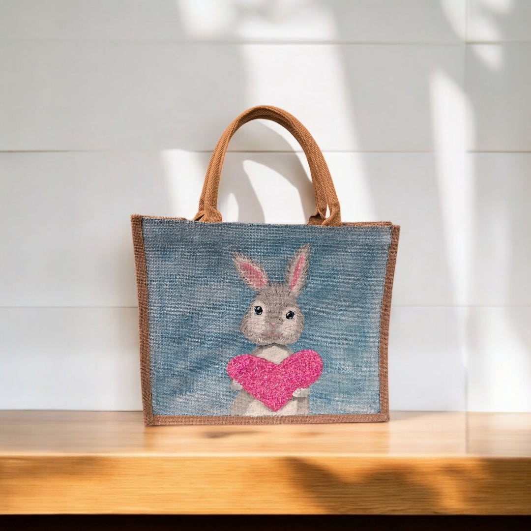 love bunny tote bag, hand painted bunny tote, beaded blue tote bag, easter gift bag