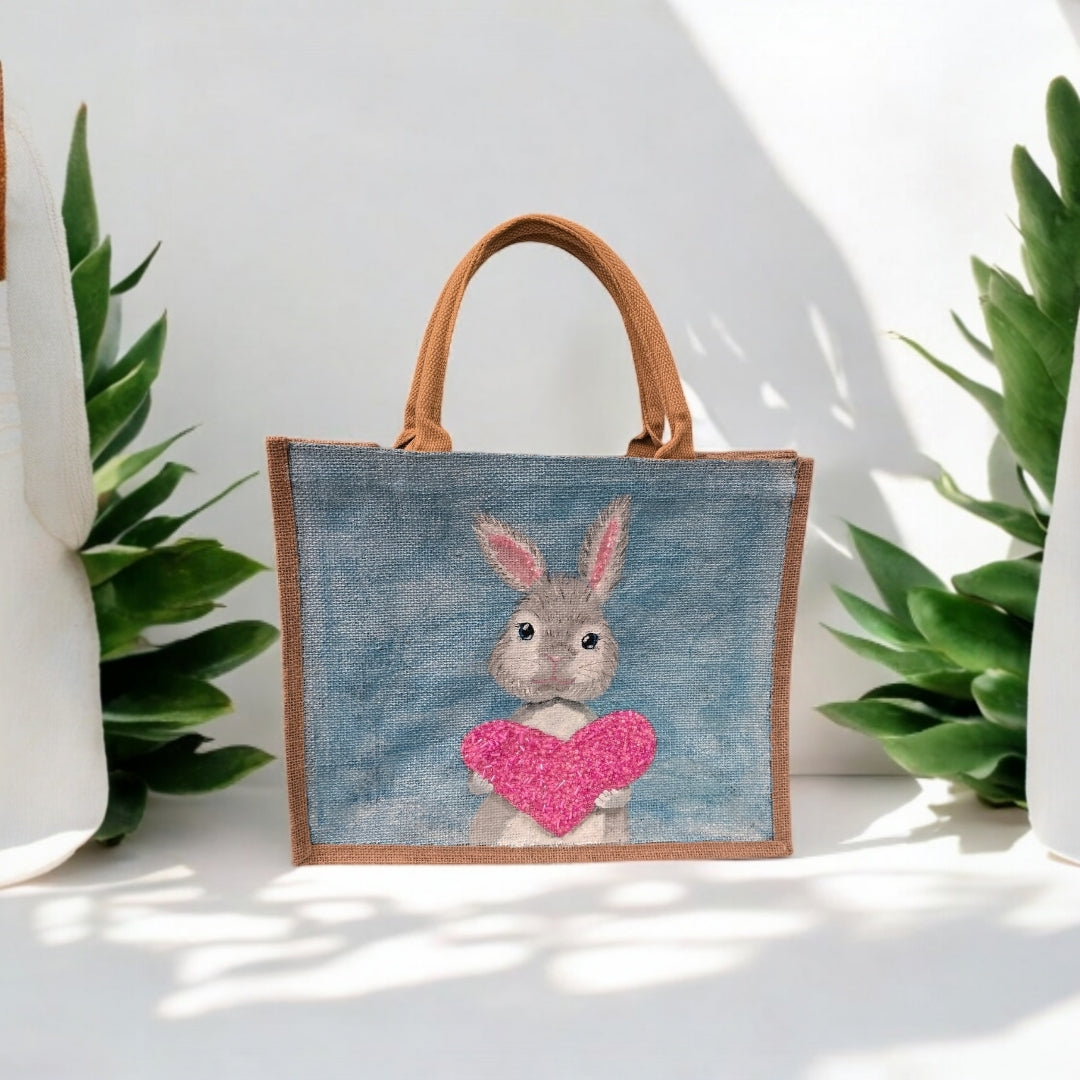 love bunny tote bag, hand painted bunny tote, beaded blue tote bag, easter gift bag