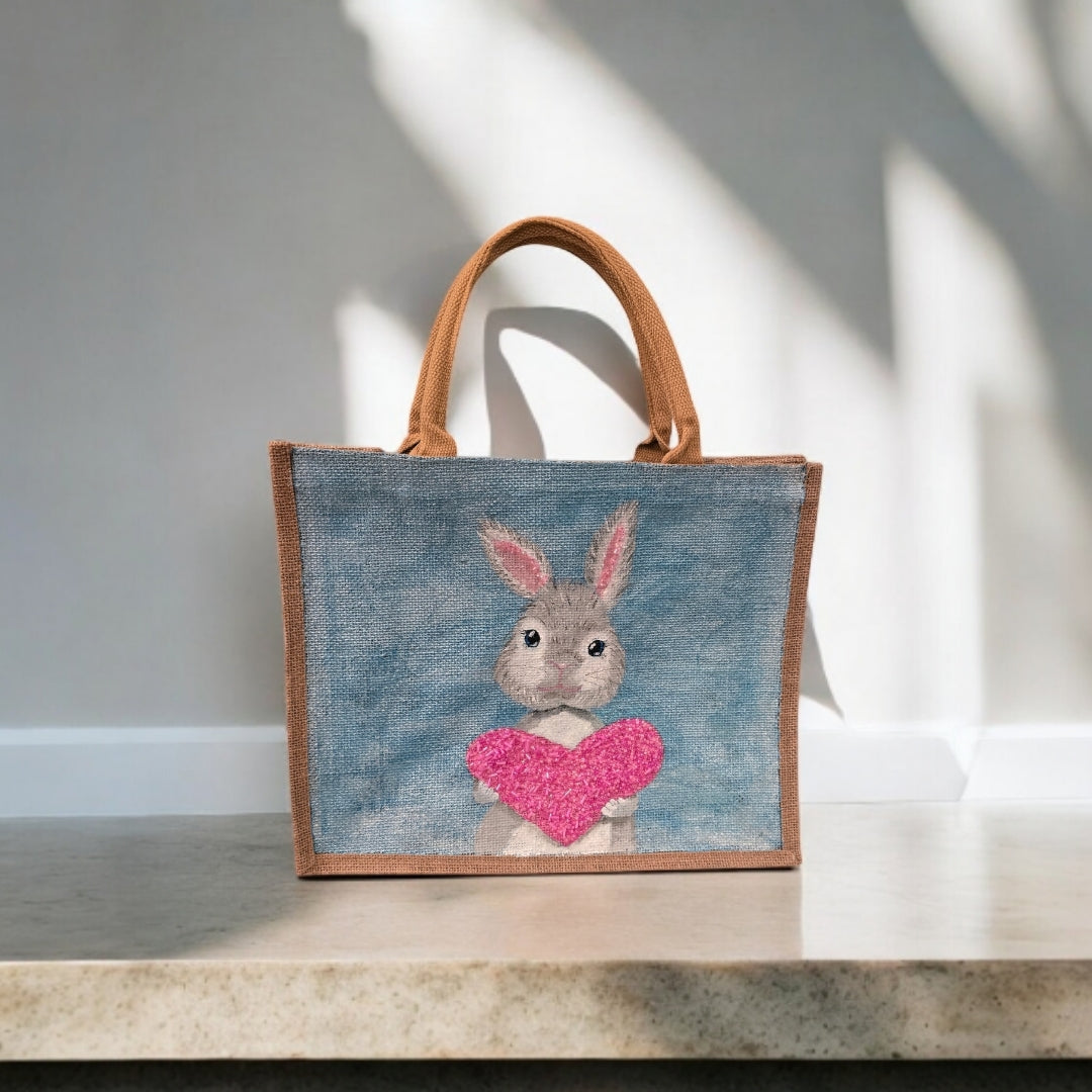 love bunny tote bag, hand painted bunny tote, beaded blue tote bag, easter gift bag