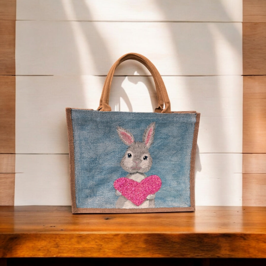 love bunny tote bag, hand painted bunny tote, beaded blue tote bag, easter gift bag