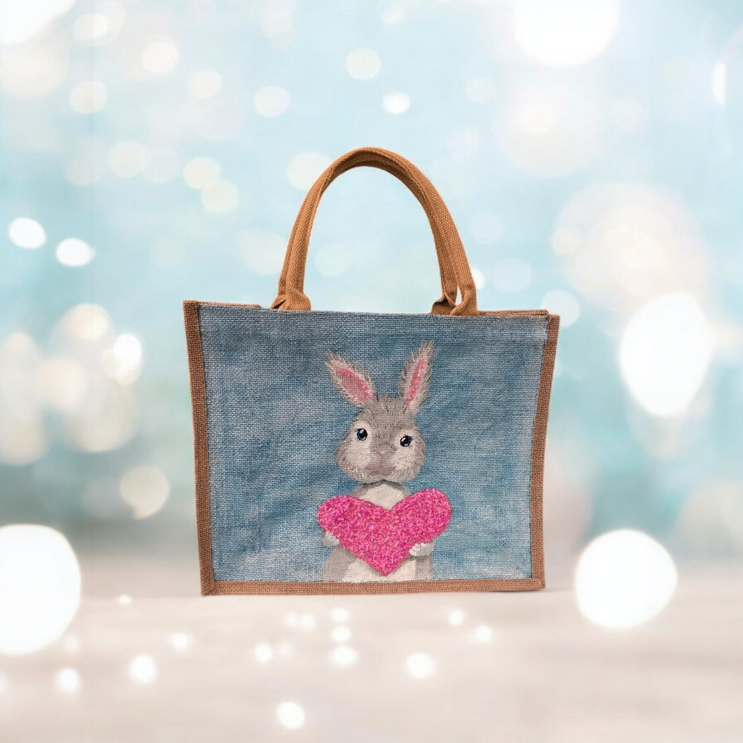 love bunny tote bag, hand painted bunny tote, beaded blue tote bag, easter gift bag