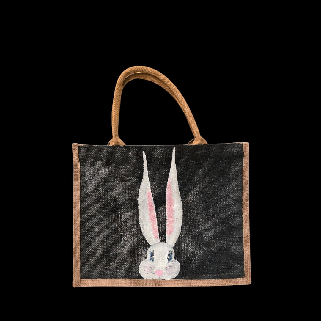 peeking bunny tote bag, hand painted easter tote, beaded black tote bag, bunny gift bag
