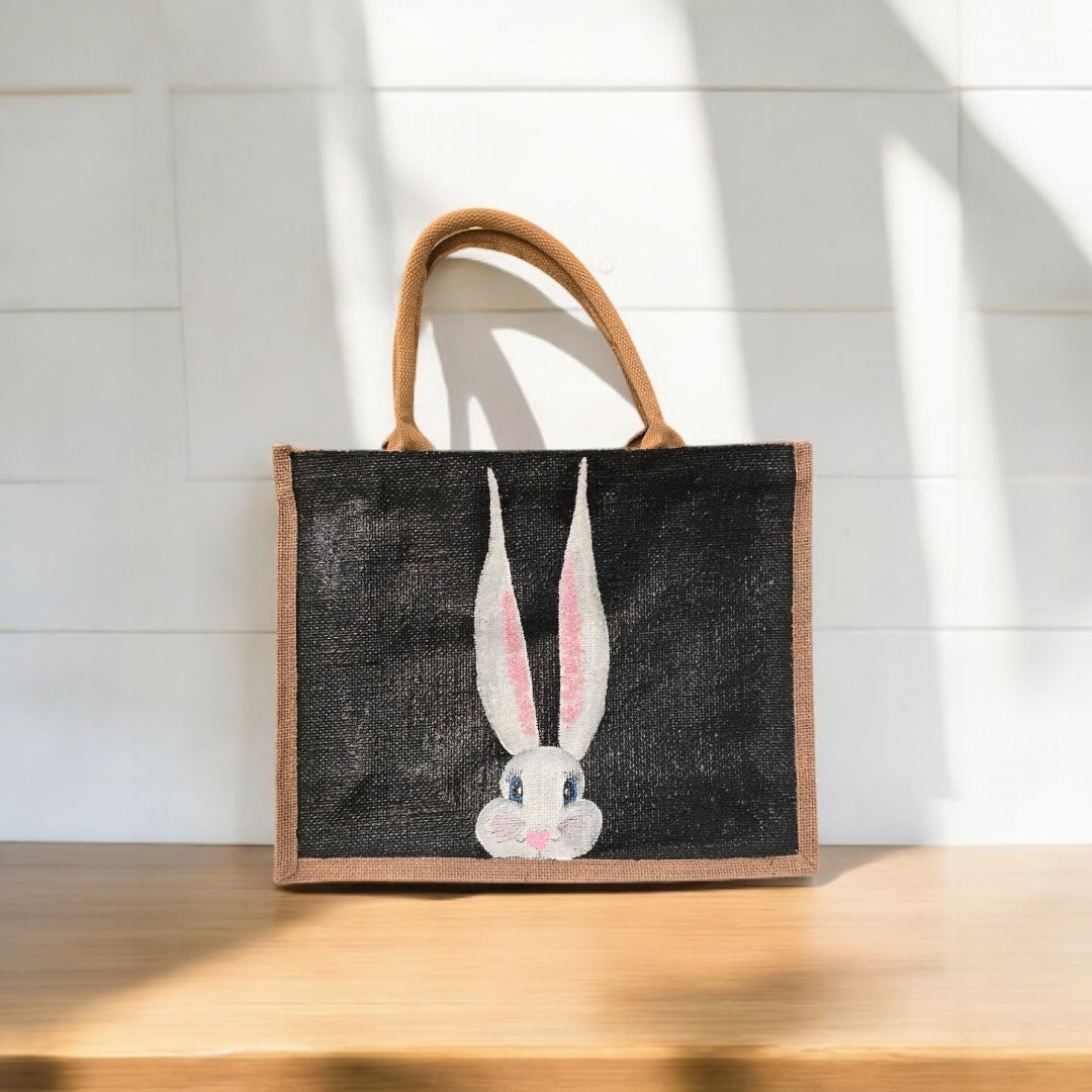 peeking bunny tote bag, hand painted easter tote, beaded black tote bag, bunny gift bag