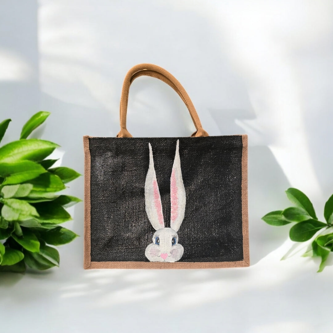 peeking bunny tote bag, hand painted easter tote, beaded black tote bag, bunny gift bag