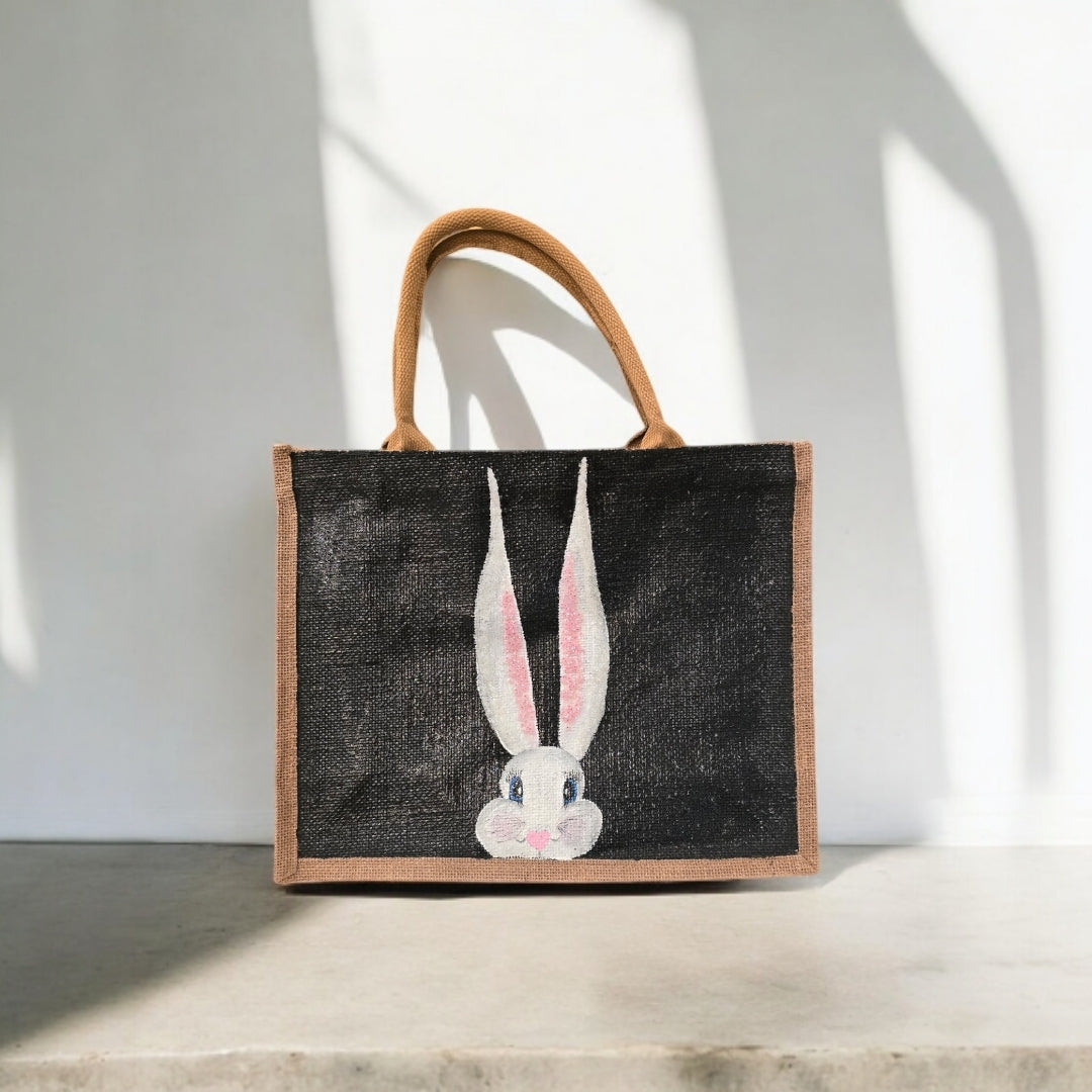 peeking bunny tote bag, hand painted easter tote, beaded black tote bag, bunny gift bag