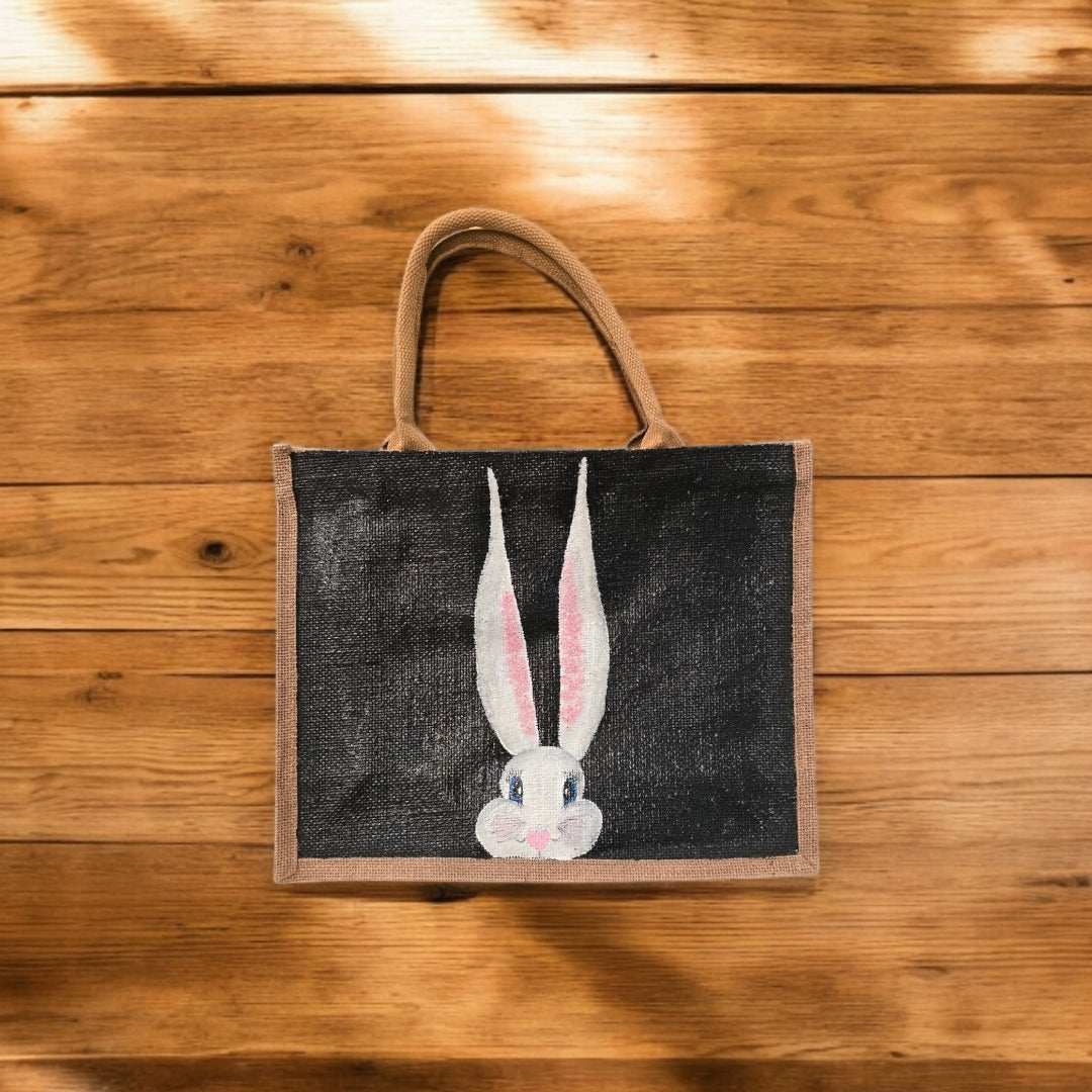 peeking bunny tote bag, hand painted easter tote, beaded black tote bag, bunny gift bag