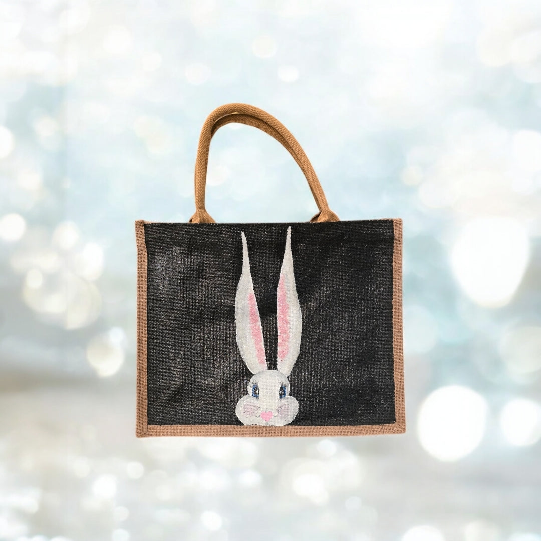 peeking bunny tote bag, hand painted easter tote, beaded black tote bag, bunny gift bag