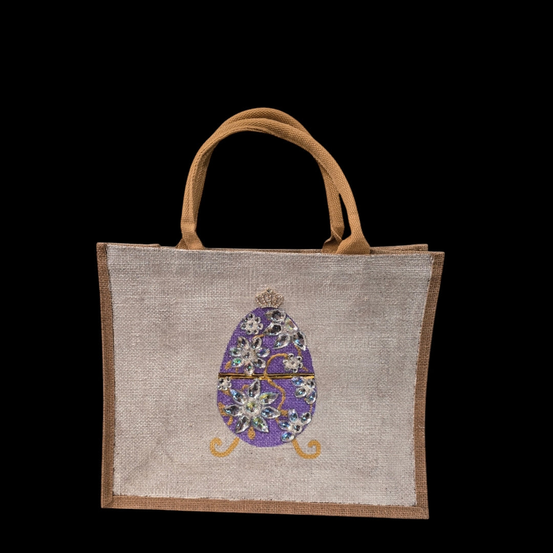 purple jeweled egg tote bag, hand painted easter tote, beaded egg tote, off white tote bag