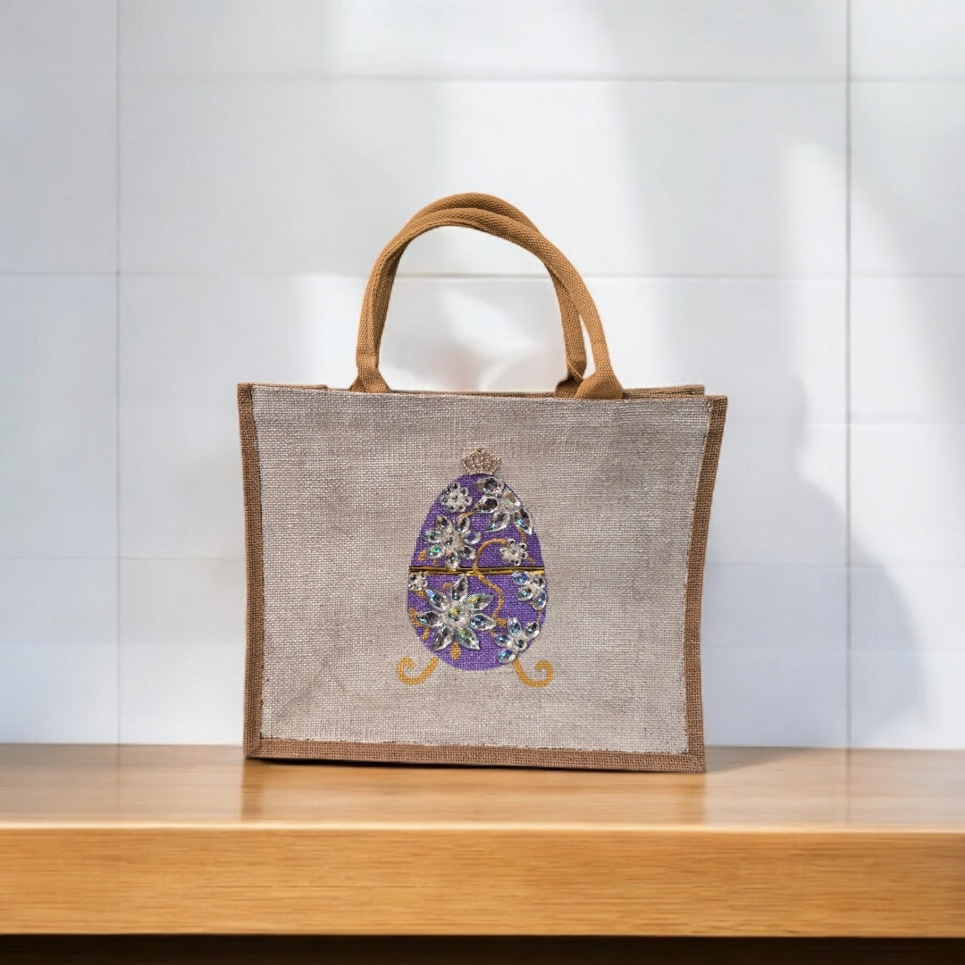 purple jeweled egg tote bag, hand painted easter tote, beaded egg tote, off white tote bag