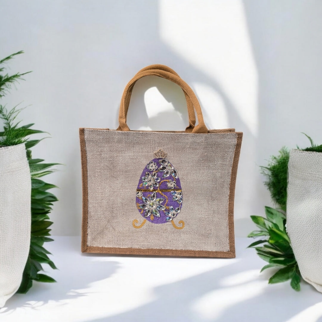 purple jeweled egg tote bag, hand painted easter tote, beaded egg tote, off white tote bag