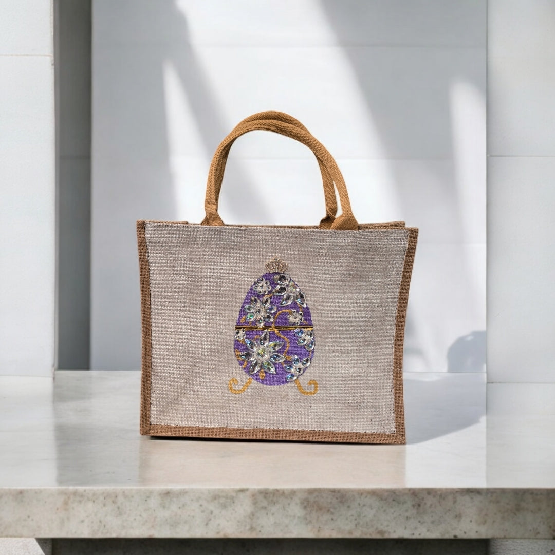 purple jeweled egg tote bag, hand painted easter tote, beaded egg tote, off white tote bag