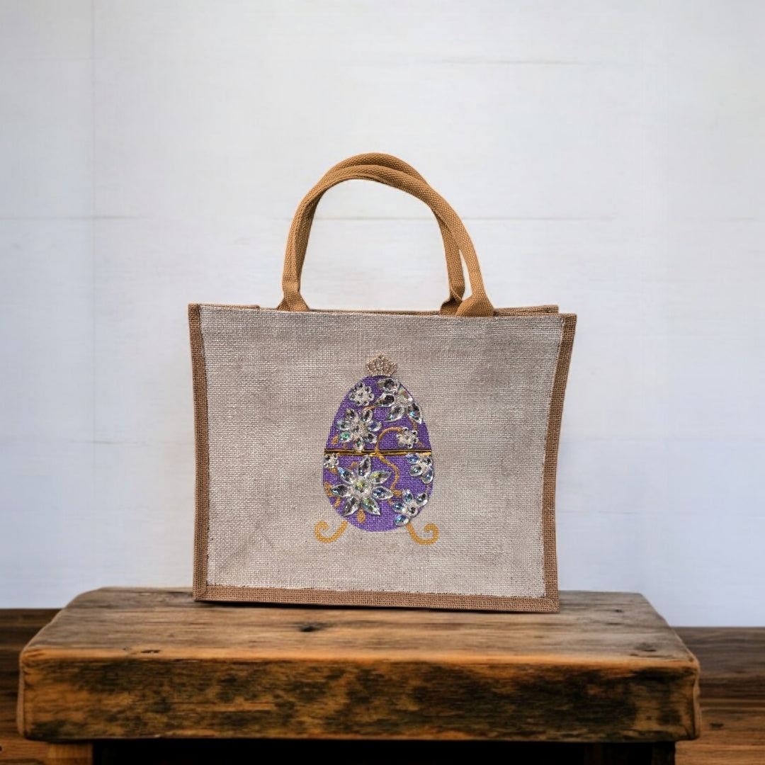 purple jeweled egg tote bag, hand painted easter tote, beaded egg tote, off white tote bag