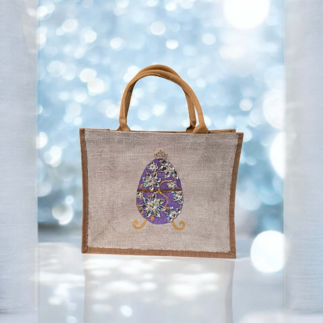 purple jeweled egg tote bag, hand painted easter tote, beaded egg tote, off white tote bag