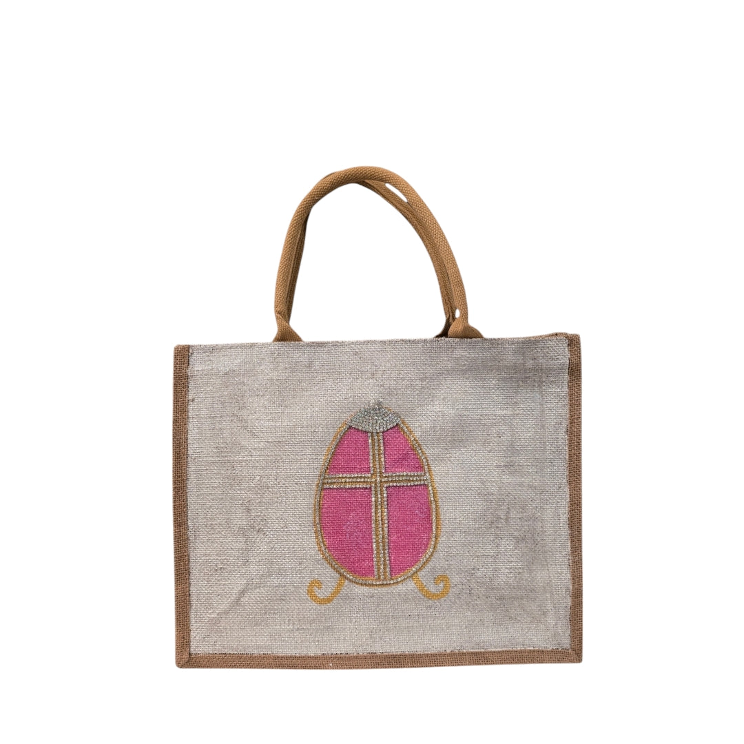 Easter-Tote, Pink-Rhinestone-Egg-Hand-Painted-Canvas-Bag, Artistic-Design