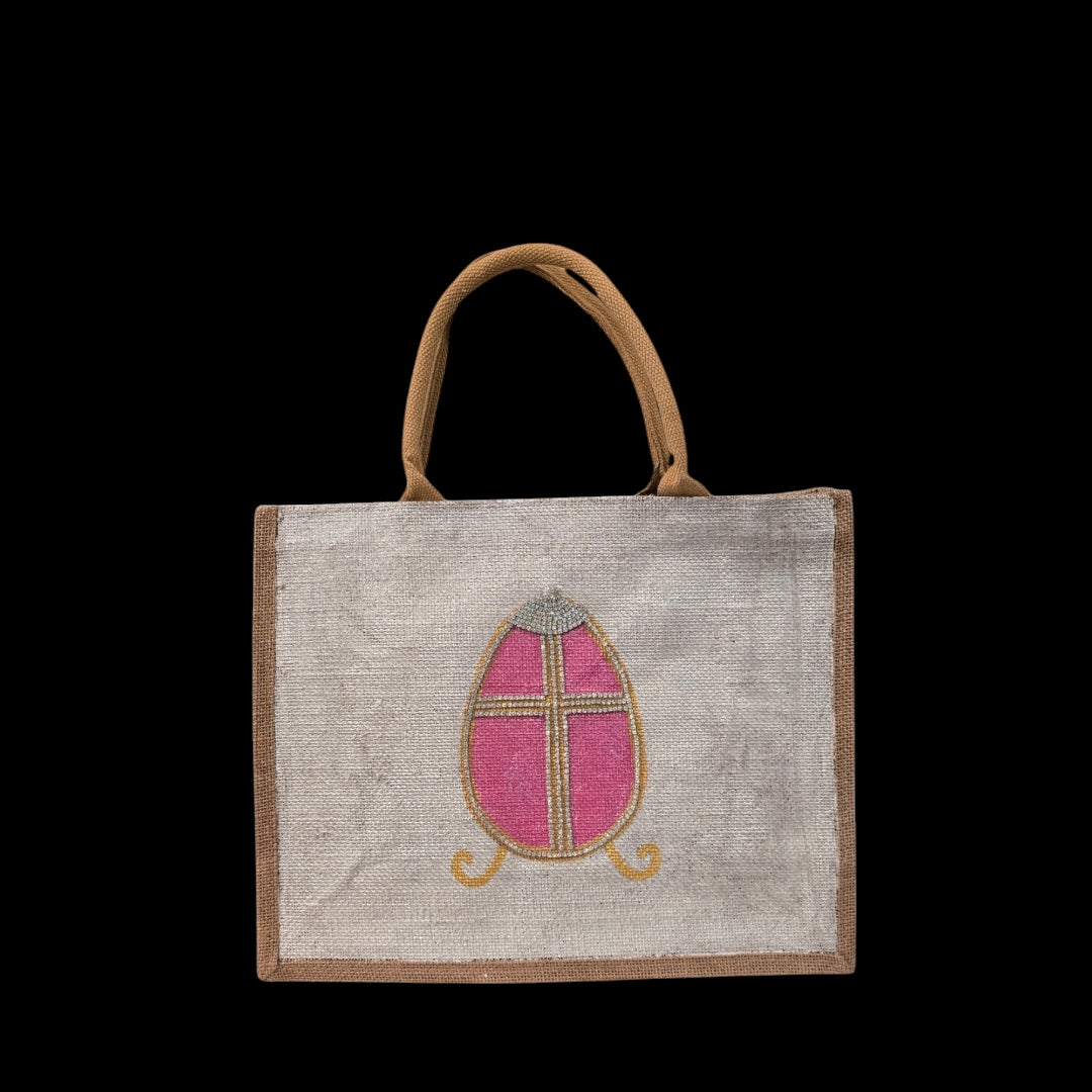 Easter-Tote, Pink-Rhinestone-Egg-Hand-Painted-Canvas-Bag, Artistic-Design