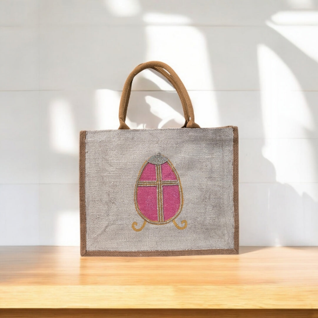 Easter-Tote, Pink-Rhinestone-Egg-Hand-Painted-Canvas-Bag, Artistic-Design