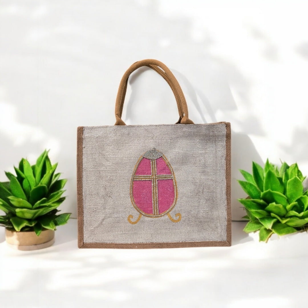 Easter-Tote, Pink-Rhinestone-Egg-Hand-Painted-Canvas-Bag, Artistic-Design