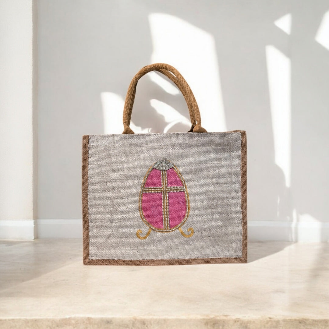 Easter-Tote, Pink-Rhinestone-Egg-Hand-Painted-Canvas-Bag, Artistic-Design