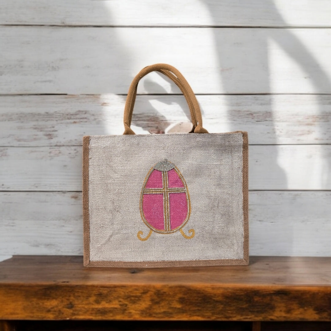 Easter-Tote, Pink-Rhinestone-Egg-Hand-Painted-Canvas-Bag, Artistic-Design