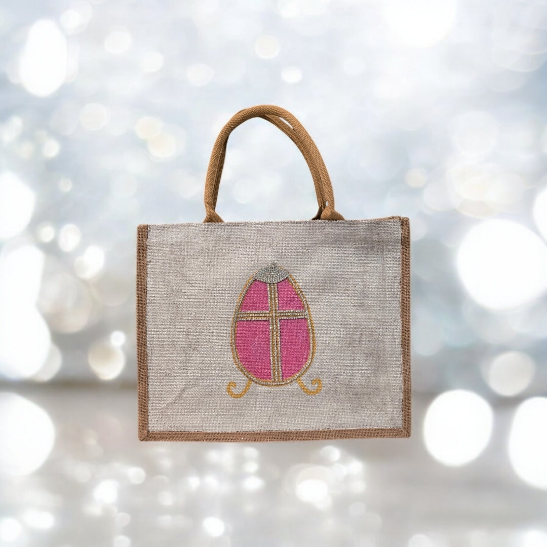 Easter-Tote, Pink-Rhinestone-Egg-Hand-Painted-Canvas-Bag, Artistic-Design